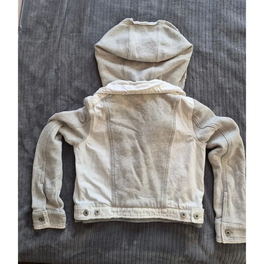 Free People Mixed Media Denim Jacket Knit Sleeves Hooded White Gray Distressed - Picture 5 of 5